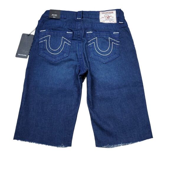 True Religion Riley Big T Raw Hem Mid Rise Bermuda Jean Shorts Dark Wash Size 27 - Picture 2 of 11